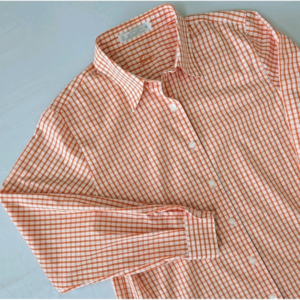Foxcroft Gingham Check Long Sleeve Shirt Women's 10 Orange White Wrinkle Free
